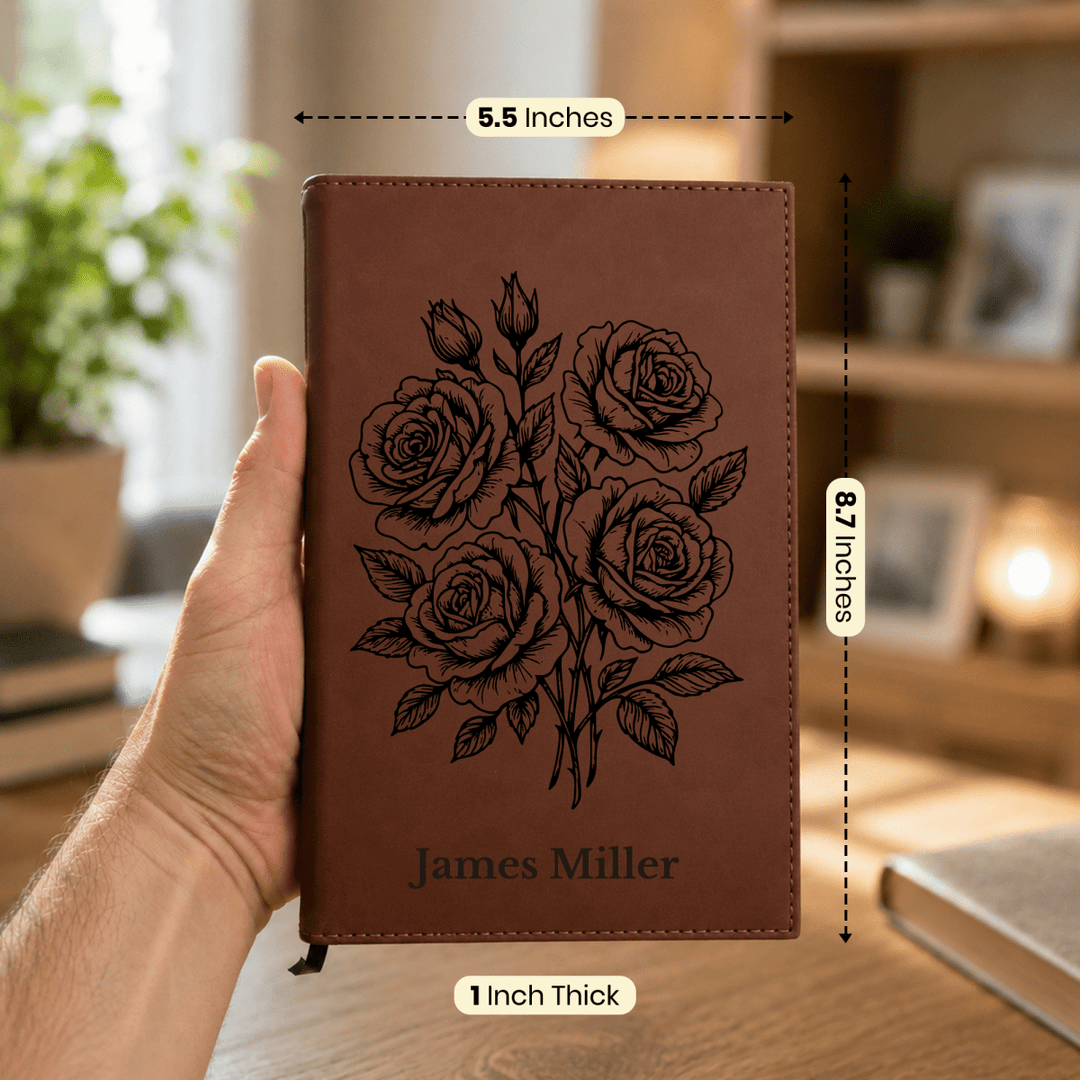 Personalized Brown Leatherette Journal Notebook | Roses - Shepherds Shelf