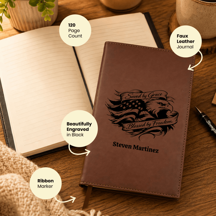 Personalized Brown Leatherette Journal Notebook | Saved by Grace - Shepherds Shelf