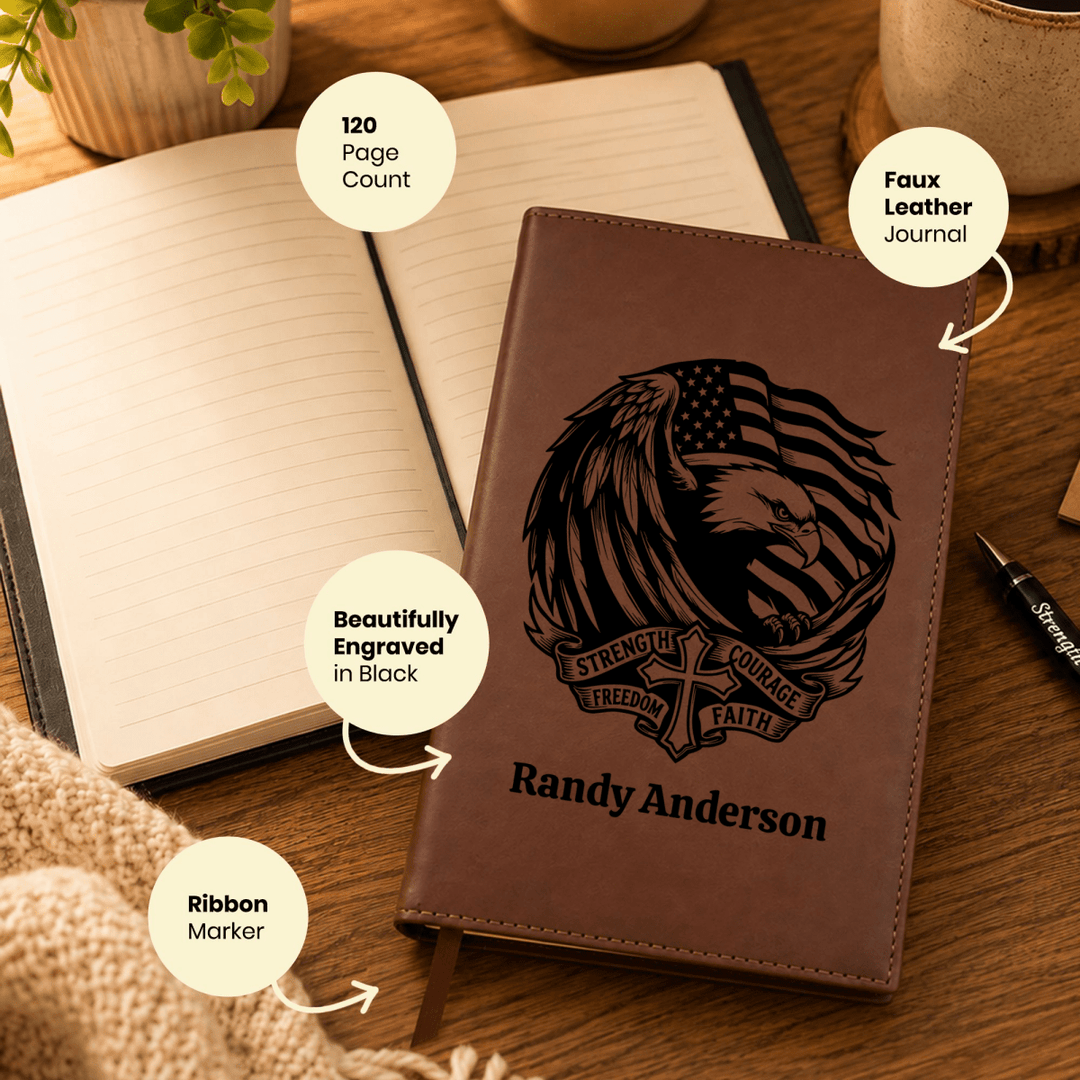Personalized Brown Leatherette Journal Notebook | Strength & Courage - Shepherds Shelf