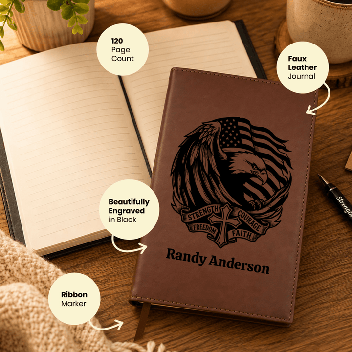 Personalized Brown Leatherette Journal Notebook | Strength & Courage - Shepherds Shelf