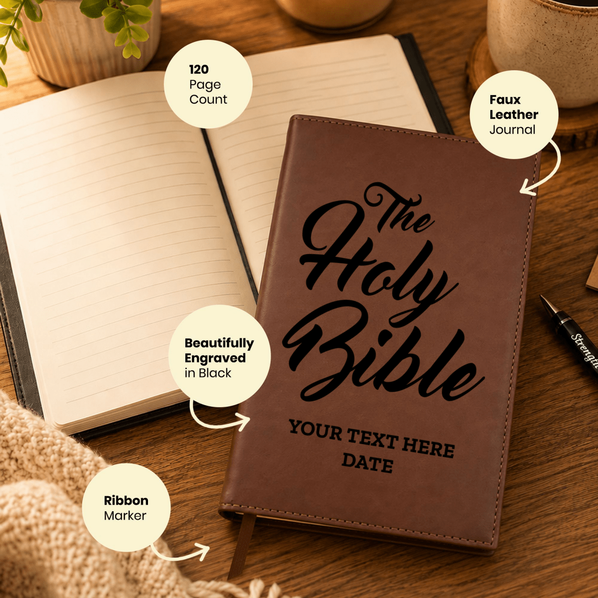 Personalized Brown Leatherette Journal Notebook | The Holy Bible - Shepherds Shelf
