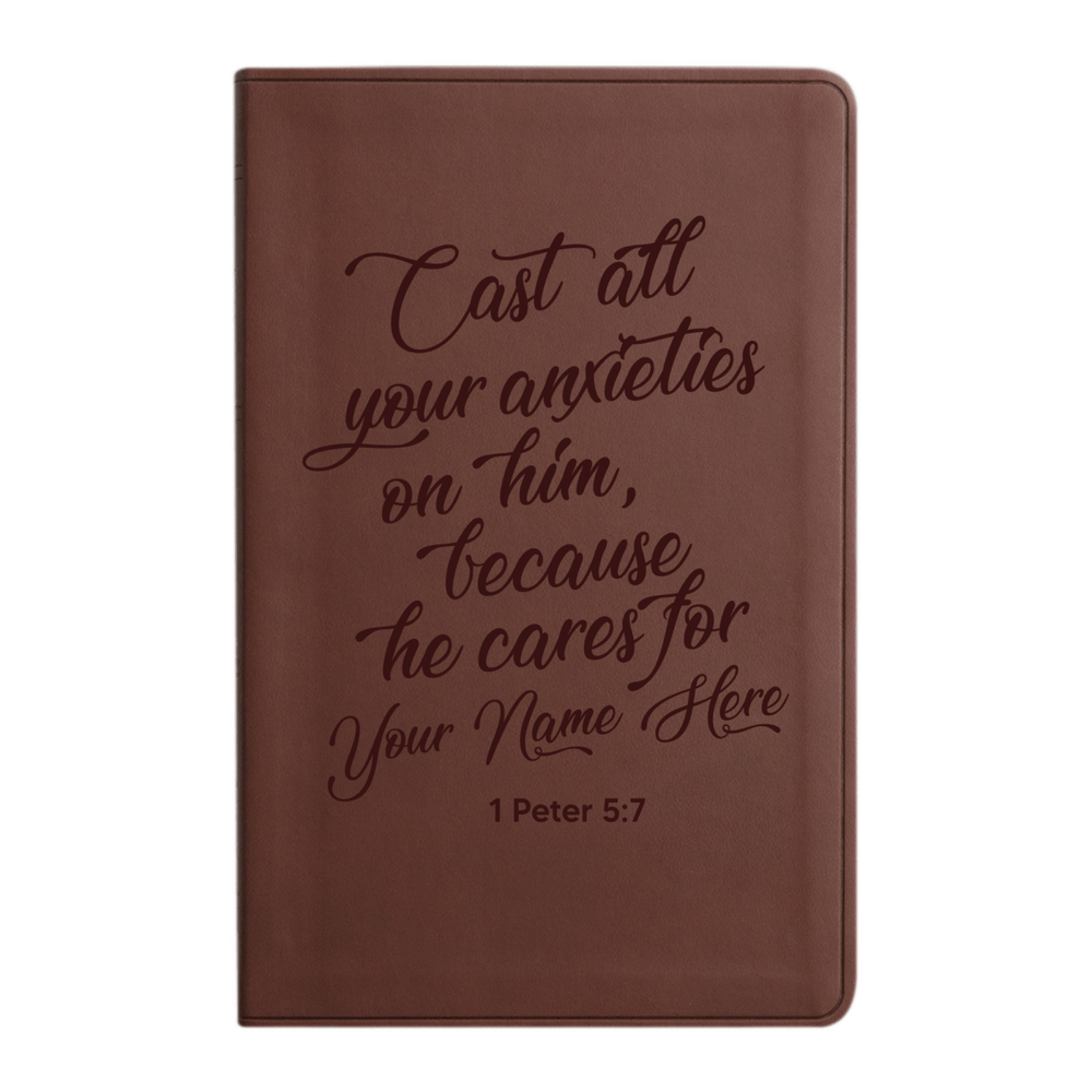 ESV Brown Standard Size Holy Bible Large Print | 1 Peter 5:7 Scripture