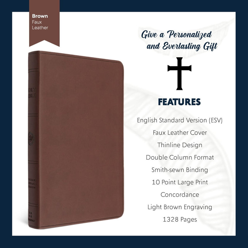Personalized ESV Thinline Bible Large Print Faux Leather Holy Bible with Christian Cross Design Brown | Shepherds Shelf