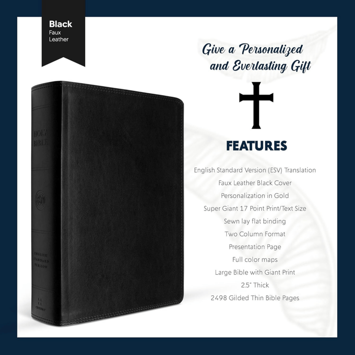 Personalized Faux Leather Custom ESV Holy Bible Personalized with Name | Giant Text | English Standard Version Extra Large Custom Gift Bible for Religious Occasions, Black - Shepherds Shelf