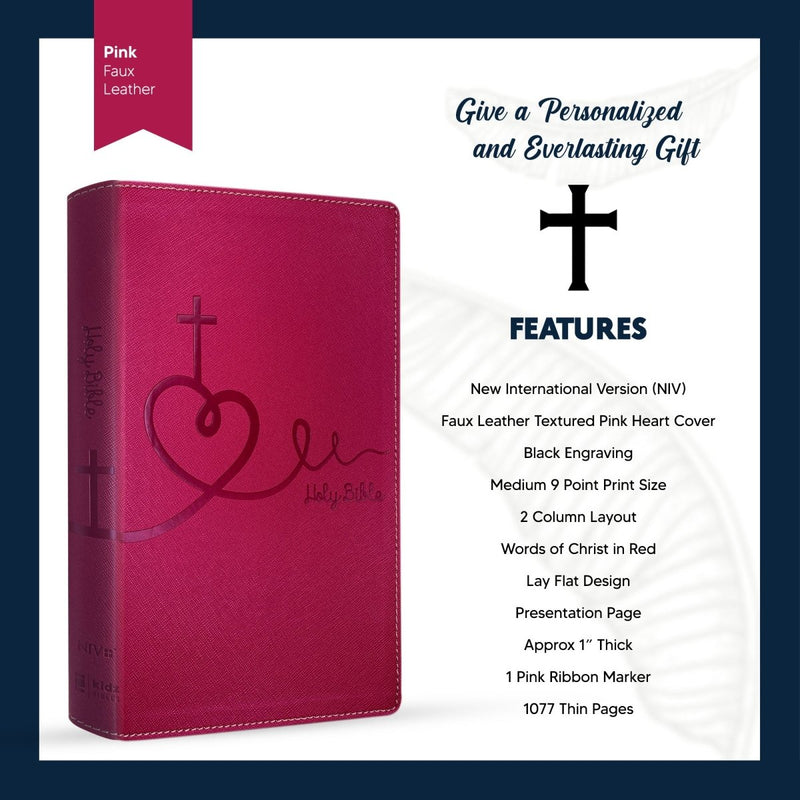 NIV Pink Standard Size Kids Holy Bible Medium Print | Heart and Cross
