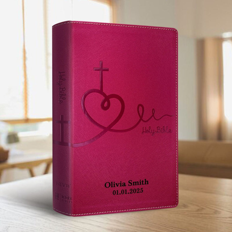 NIV Pink Standard Size Kids Holy Bible Medium Print | Heart and Cross