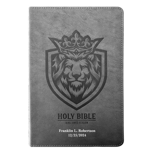 Personalized Faux Leather Small Print KJV Gift and Award Bible, Gray Lion Head | Shepherds Shelf - Shepherds Shelf