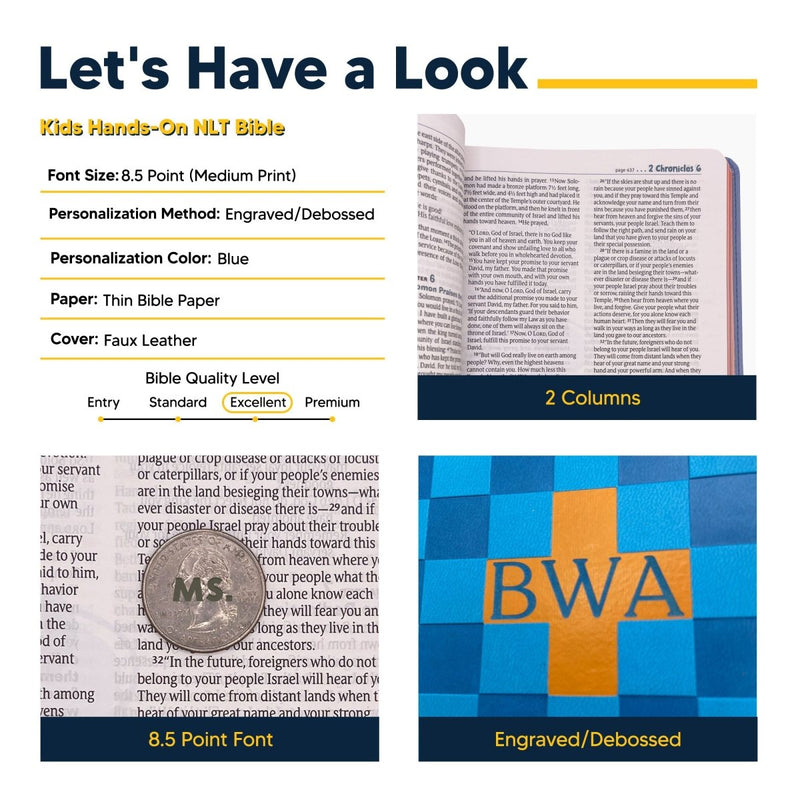 NLT Blue Standard Size Kids Holy Bible Medium Print | Checkered Blue & Orange Cross