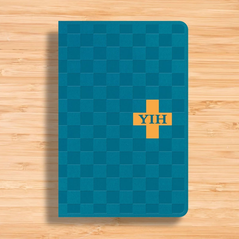 NLT Blue Standard Size Kids Holy Bible Medium Print | Checkered Blue & Orange Cross