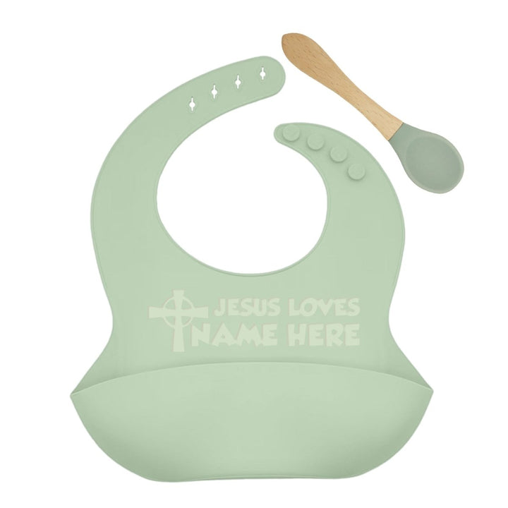 Personalized Jesus Loves Silicone Bib and Spoon Set with Engraved Debossed Custom Name, Babies/Toddlers Durable Adjustable with Pocket for Baby Boy & Girl Color Green | Shepherds Shelf - Shepherds Shelf