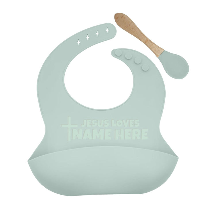 Personalized Jesus Loves Silicone Bib and Spoon Set with Engraved Debossed Custom Name, Babies/Toddlers Durable Adjustable with Pocket for Baby Boy & Girl Color Light Blue | Shepherds Shelf - Shepherds Shelf