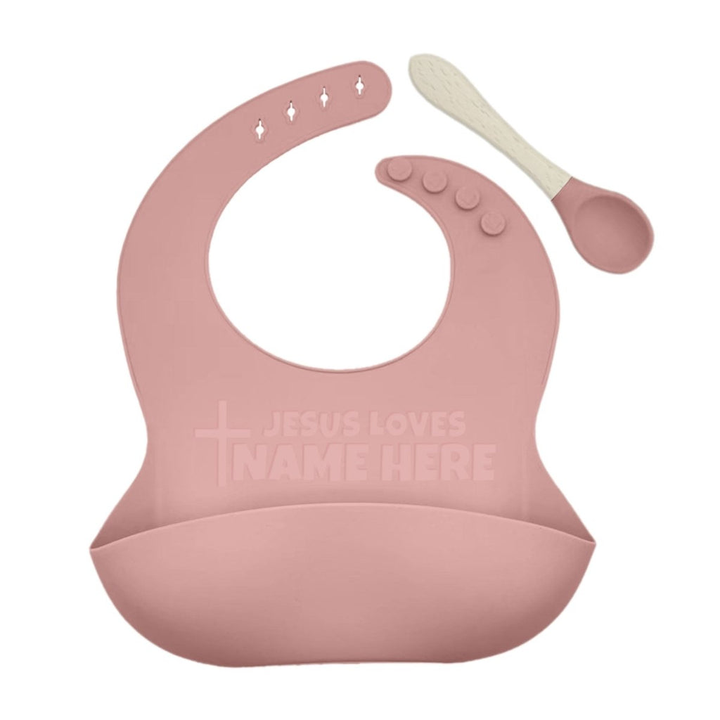 Jesus Loves Silicone Bib and Spoon Set with Engraved Debossed Name, Ba –  Shepherds Shelf