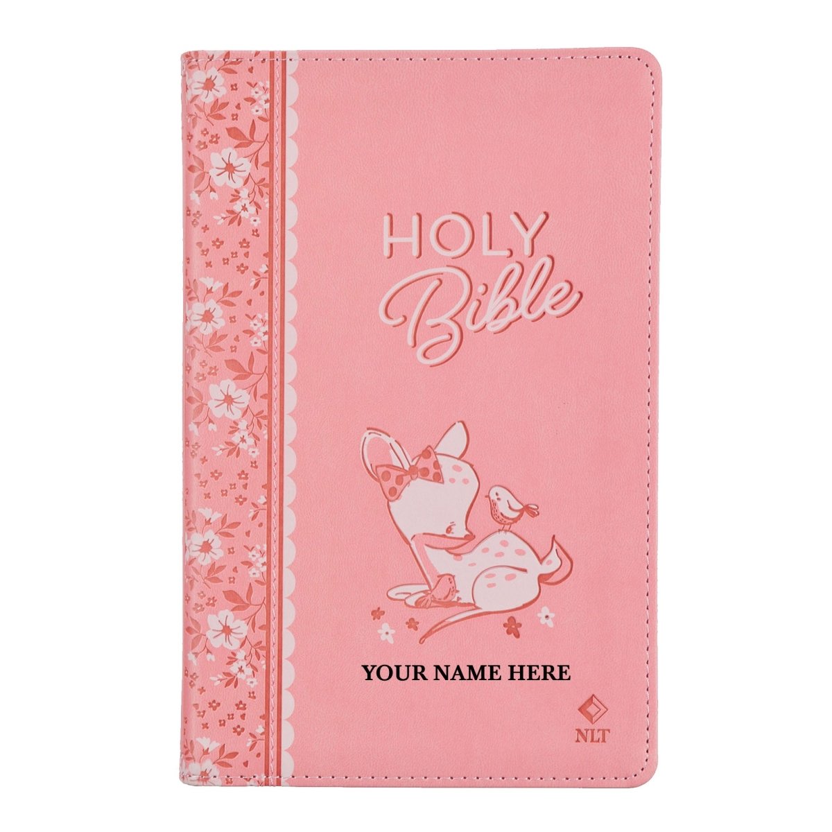 Personalized Keepsake First Holy Bible NLT Medium Print Faux Leather - Custom Name with Illustrated Forest Animal Cover Pink | Shepherds Shelf - Shepherds Shelf