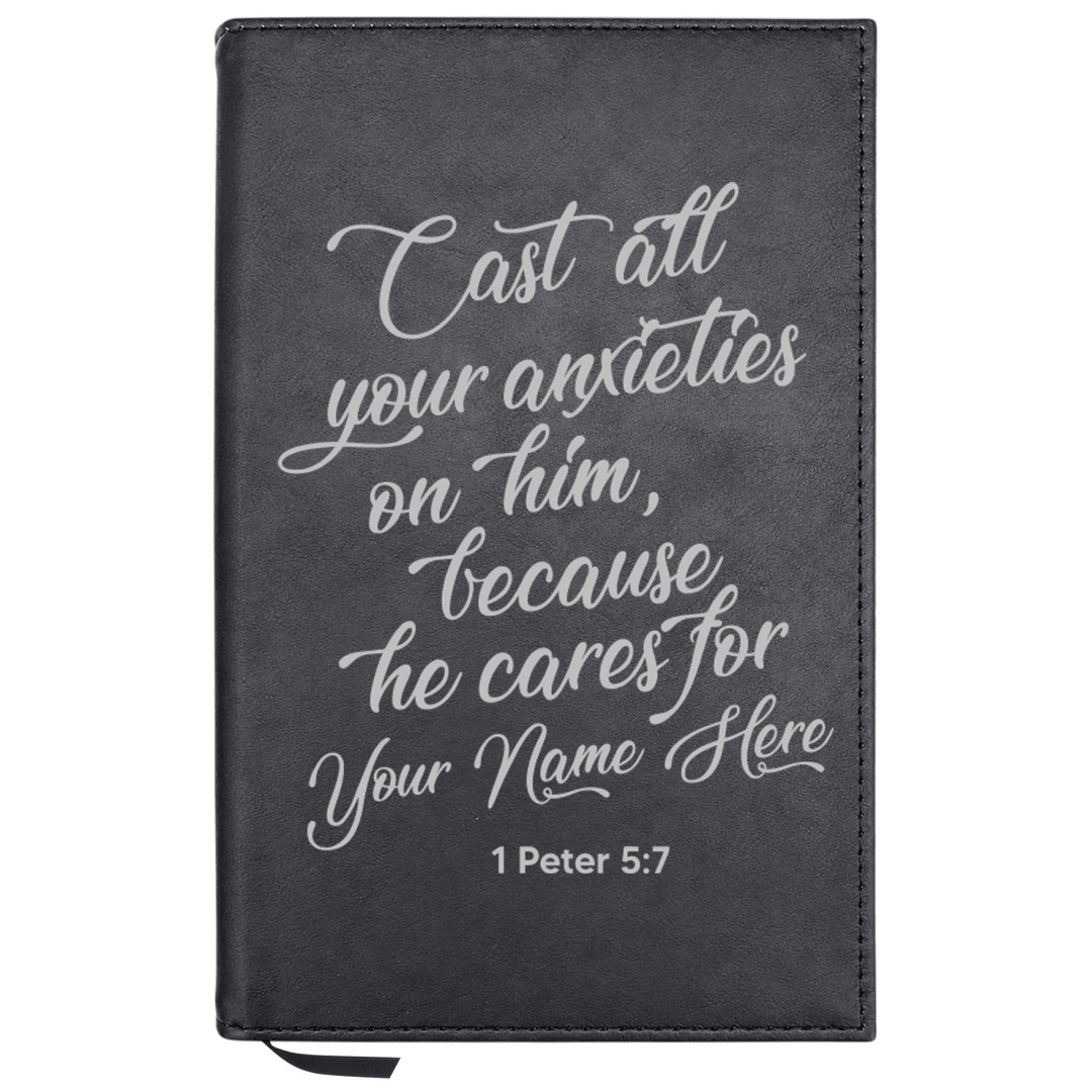 Personalized Leatherette Journal Notebook | 1 Peter 5:7 - Shepherds Shelf