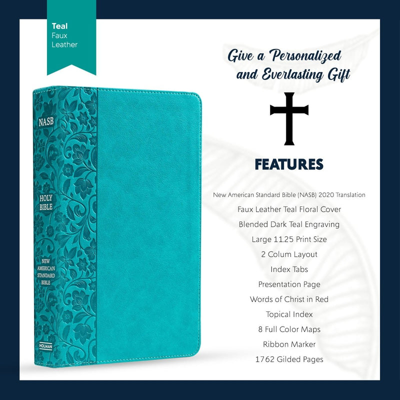 NASB Teal Standard Size Holy Bible Large Print | Floral Pattern