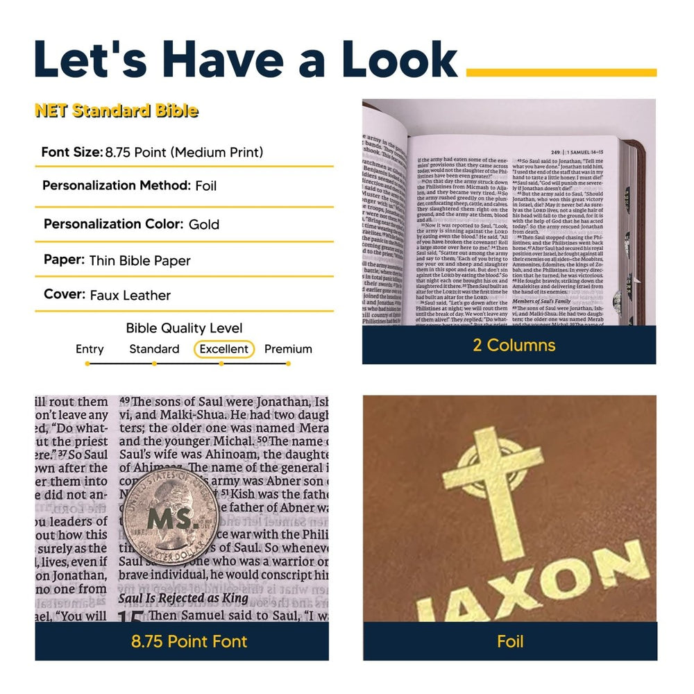 Personalized NET Holy Bible Custom with Your Name and Date | Medium Print Faux Leather New English Translation Bible with Index Tabs Brown | Shepherds Shelf - Shepherds Shelf
