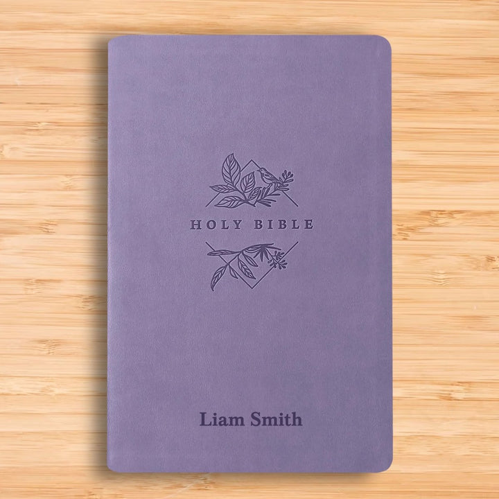 Personalized NLT Bible New Living Translation Thinline Faux Leather Holy Bible with Custom Name in Silver Large Print Lavender/Purple | Shepherds Shelf - Shepherds Shelf