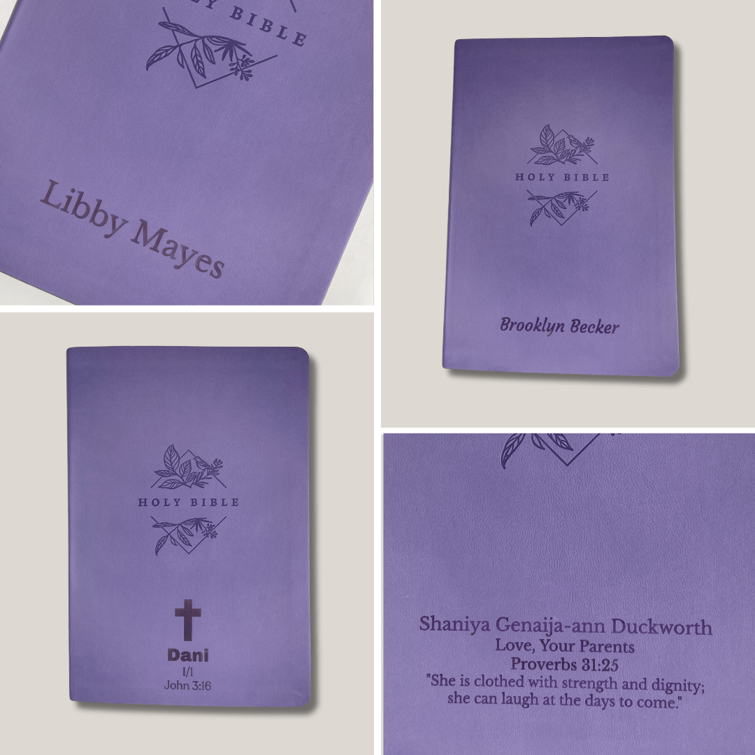 Personalized NLT Bible New Living Translation Thinline Faux Leather Holy Bible with Custom Name in Silver Large Print Lavender/Purple | Shepherds Shelf - Shepherds Shelf