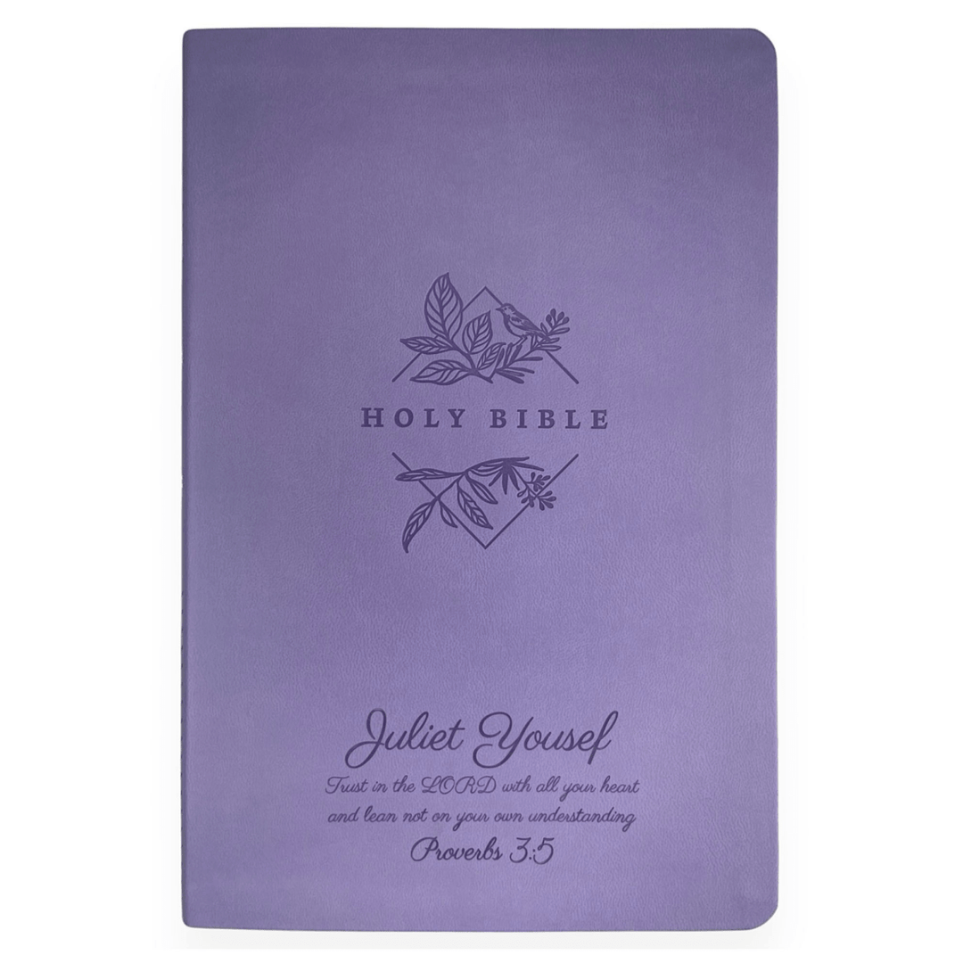 Personalized NLT Bible New Living Translation Thinline Faux Leather Holy Bible with Custom Name in Silver Large Print Lavender/Purple | Shepherds Shelf - Shepherds Shelf