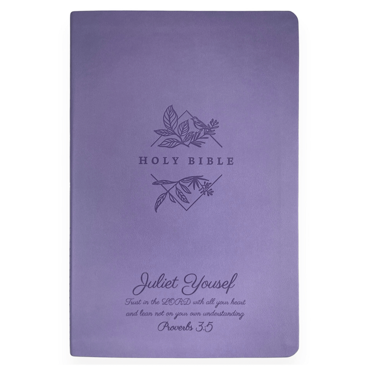 Personalized NLT Bible New Living Translation Thinline Faux Leather Holy Bible with Custom Name in Silver Large Print Lavender/Purple | Shepherds Shelf - Shepherds Shelf