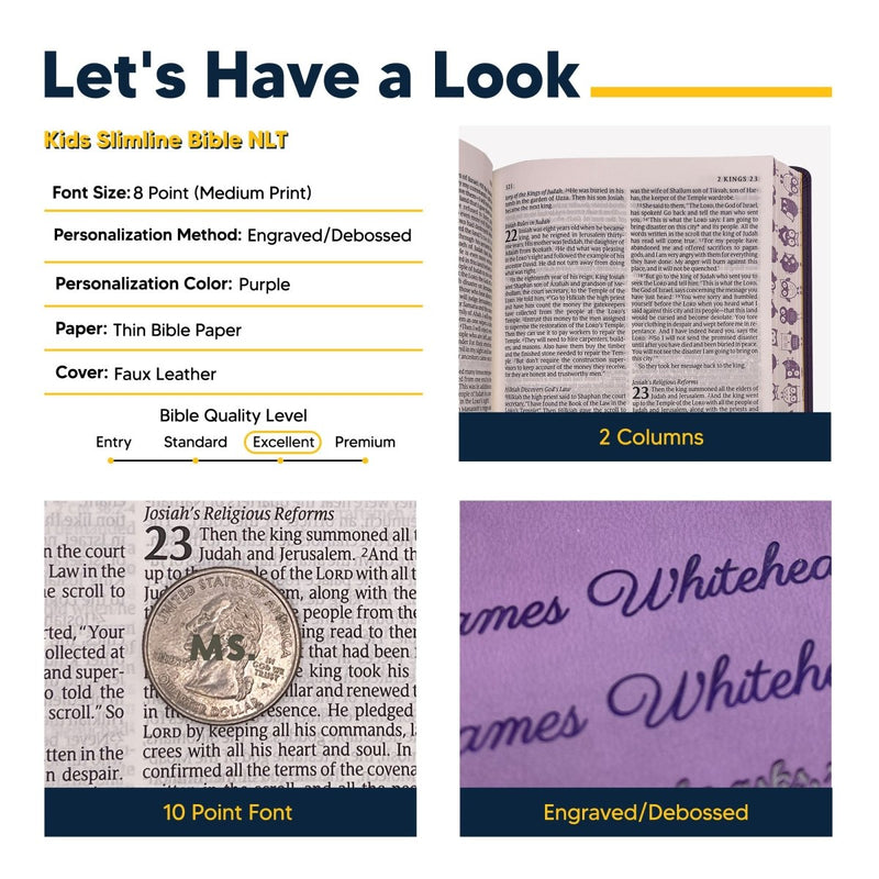 NLT Purple Standard Size Kids Holy Bible Ultra Slim Small Print | Owl Design