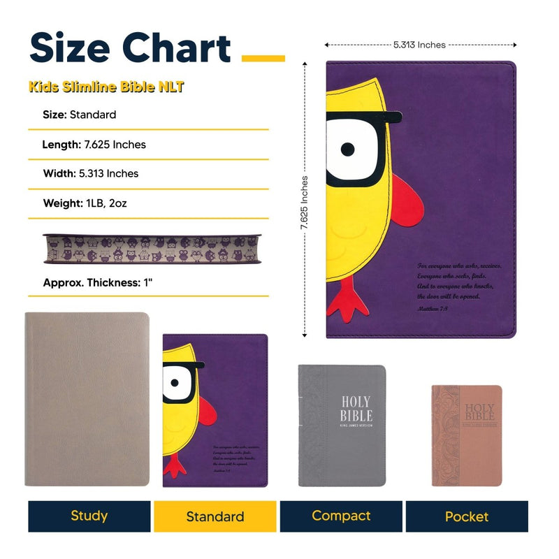 NLT Purple Standard Size Kids Holy Bible Ultra Slim Small Print | Owl Design