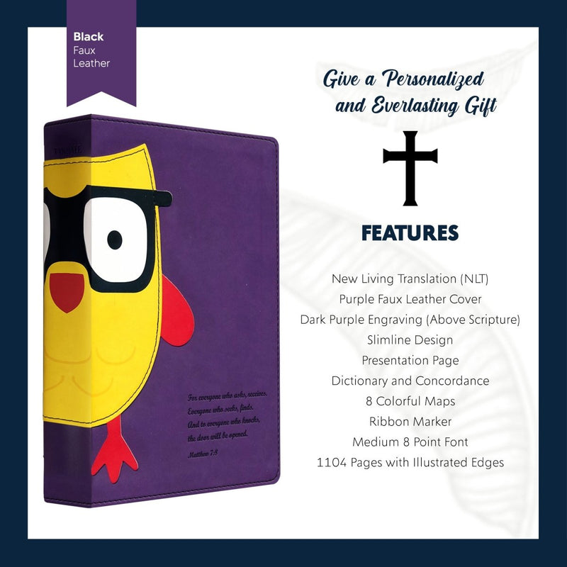 NLT Purple Standard Size Kids Holy Bible Ultra Slim Small Print | Owl Design
