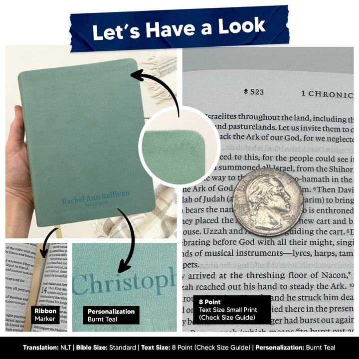 Personalized NLT Note Taking Red Letter Light Teal Holy Bible for Journaling | Faux Leather Small Print - Shepherds Shelf