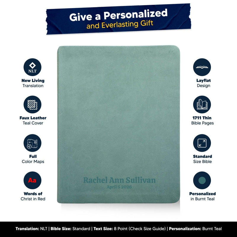 Personalized NLT Note Taking Red Letter Light Teal Holy Bible for Journaling | Faux Leather Small Print