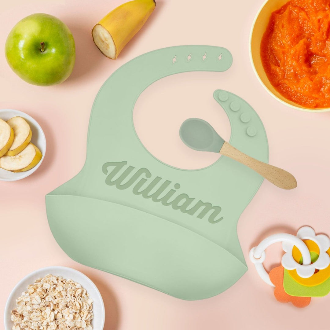 Personalized Silicone Bib and Spoon Set with Engraved Debossed Custom Name, Babies/Toddlers Durable Adjustable with Pocket for Baby Boy & Girl Color Green - Shepherds Shelf