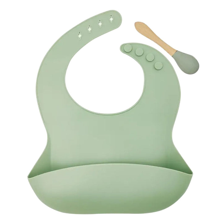 Personalized Silicone Bib and Spoon Set with Engraved Debossed Custom Name, Babies/Toddlers Durable Adjustable with Pocket for Baby Boy & Girl Color Green - Shepherds Shelf