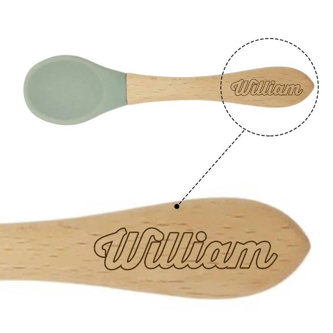 Personalized Silicone Bib and Spoon Set with Engraved Debossed Custom Name, Babies/Toddlers Durable Adjustable with Pocket for Baby Boy & Girl Color Green - Shepherds Shelf