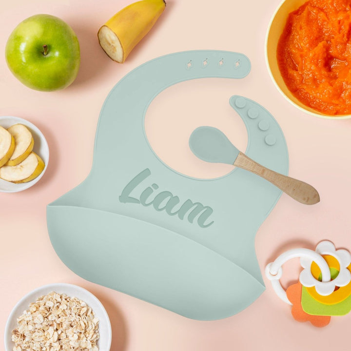 Personalized Silicone Bib and Spoon Set with Engraved Debossed Custom Name, Babies/Toddlers Durable Adjustable with Pocket for Baby Boy & Girl Color Light Blue - Shepherds Shelf