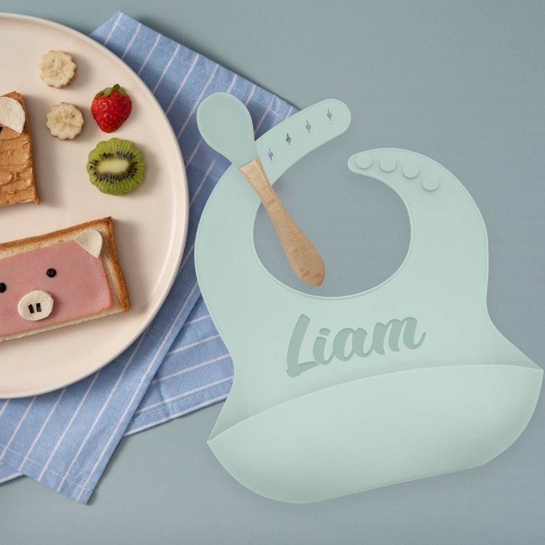 Personalized Silicone Bib and Spoon Set with Engraved Debossed Custom Name, Babies/Toddlers Durable Adjustable with Pocket for Baby Boy & Girl Color Light Blue - Shepherds Shelf