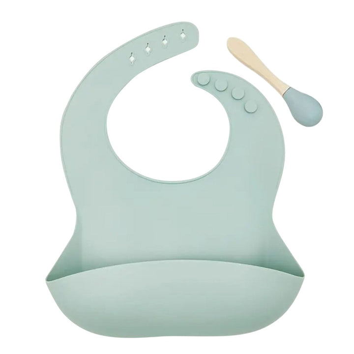 Personalized Silicone Bib and Spoon Set with Engraved Debossed Custom Name, Babies/Toddlers Durable Adjustable with Pocket for Baby Boy & Girl Color Light Blue - Shepherds Shelf