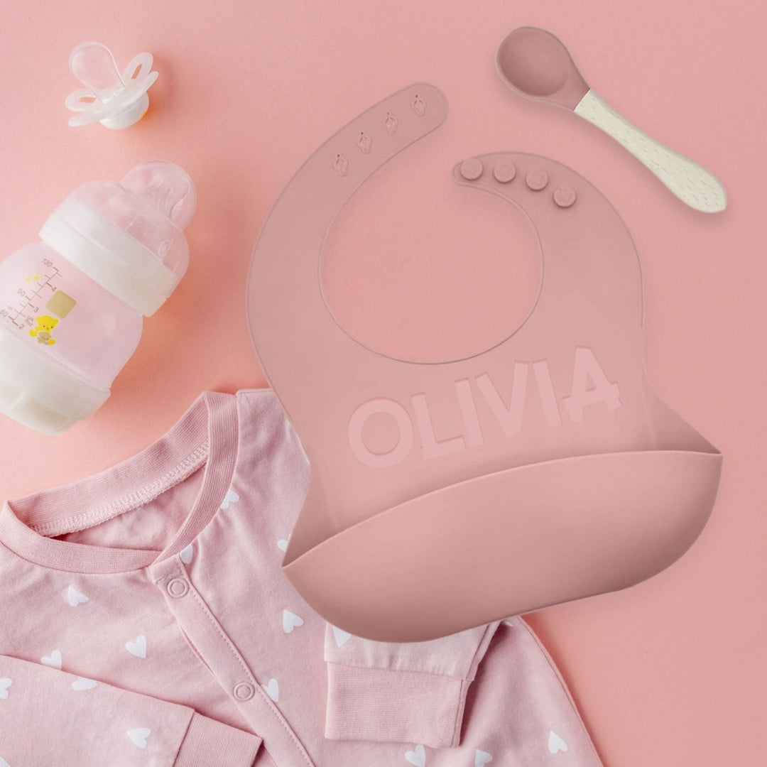 Personalized Silicone Bib and Spoon Set with Engraved Debossed Custom Name, Babies/Toddlers Durable Adjustable with Pocket for Baby Boy & Girl Color Pink - Shepherds Shelf