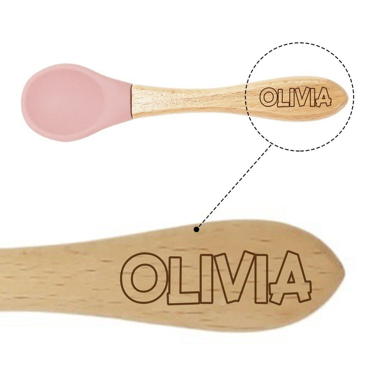 Personalized Silicone Bib and Spoon Set with Engraved Debossed Custom Name, Babies/Toddlers Durable Adjustable with Pocket for Baby Boy & Girl Color Pink - Shepherds Shelf