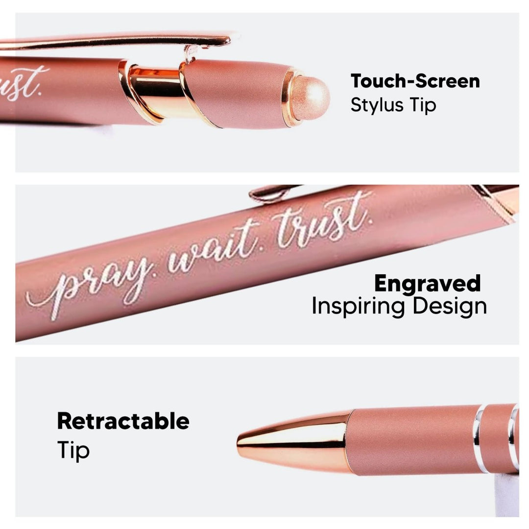 Pray Wait Trust Rose Gold Metal Stylus Pen – Black Ink, Gift - Ready | Shepherds Shelf - Shepherds Shelf