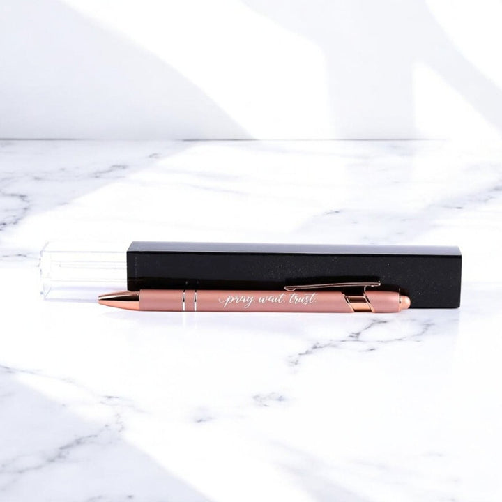 Pray Wait Trust Rose Gold Metal Stylus Pen – Black Ink, Gift - Ready | Shepherds Shelf - Shepherds Shelf