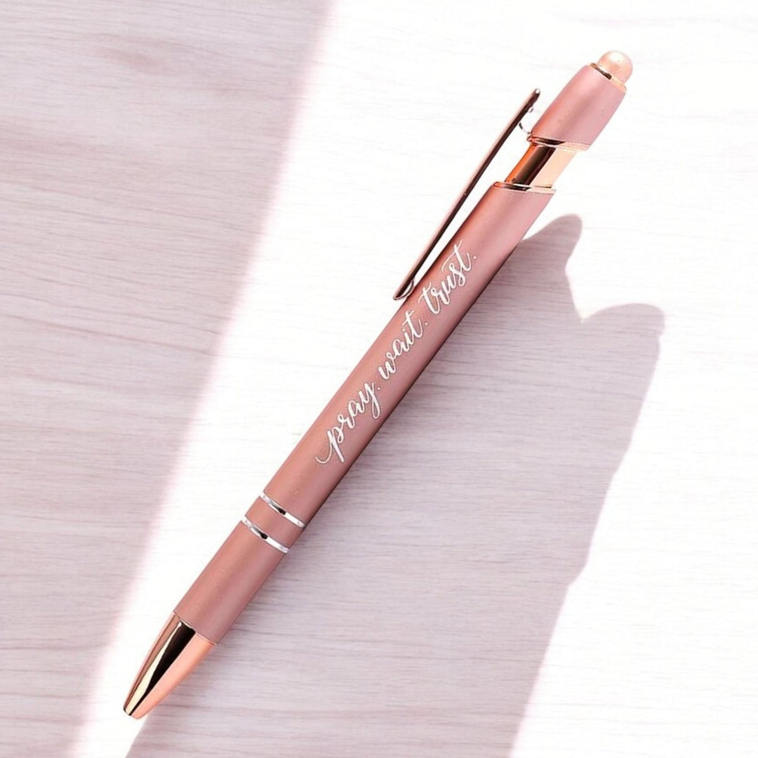 Pray Wait Trust Rose Gold Metal Stylus Pen – Black Ink, Gift - Ready | Shepherds Shelf - Shepherds Shelf