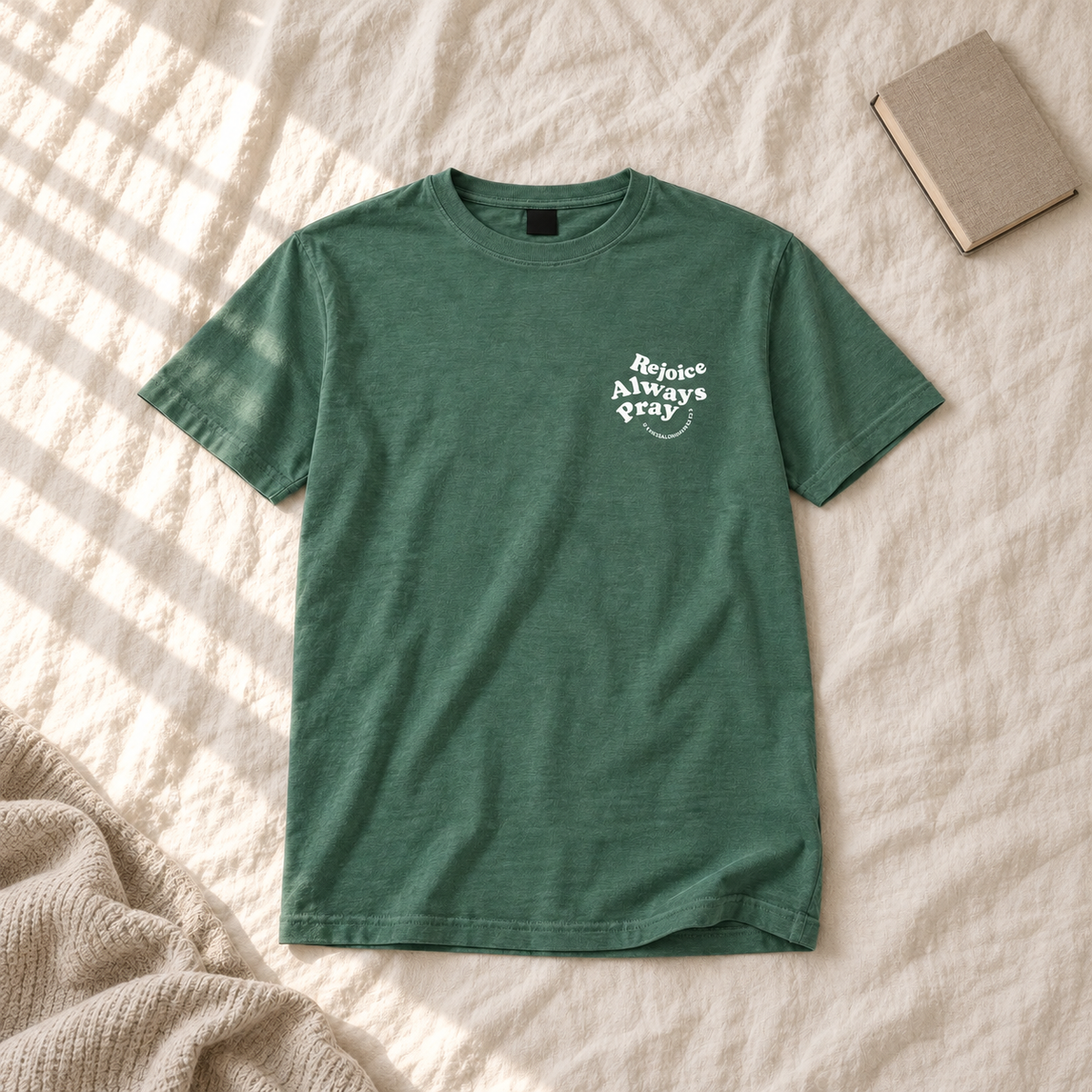 Rejoice Always Pray Unisex Garment-Dyed Tee — square editorial flat lay, AI-styled