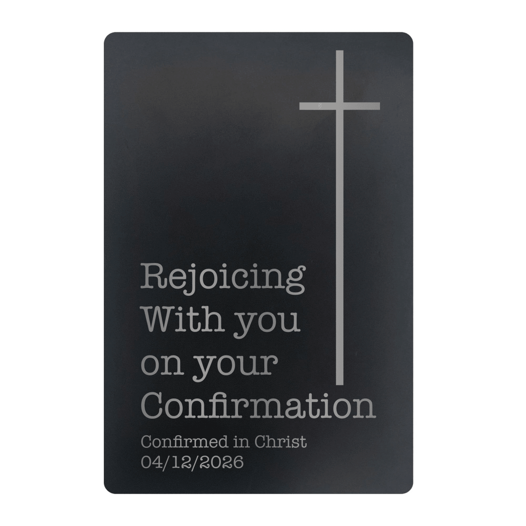 Rejoice Confirmation Metal Pocket Prayer Card – Christian Gift, Black Engraved Message Card - Shepherds Shelf