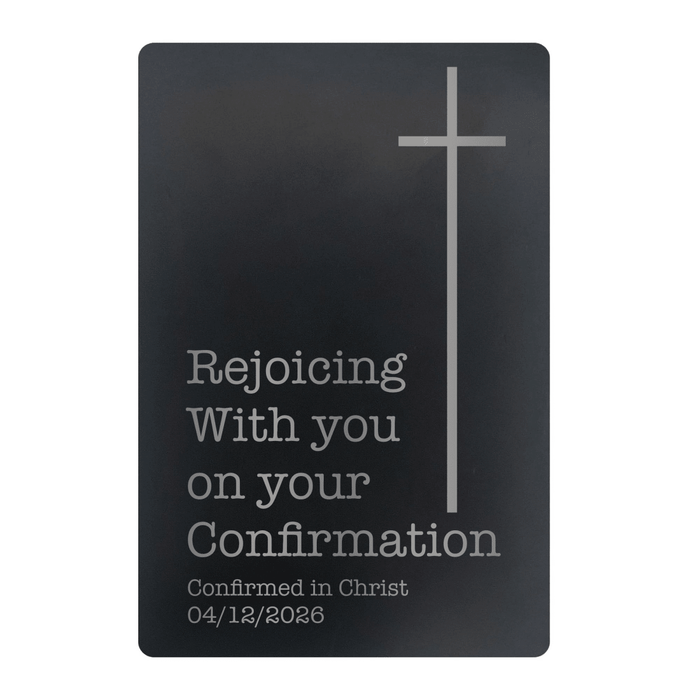 Rejoice Confirmation Metal Pocket Prayer Card – Christian Gift, Black Engraved Message Card