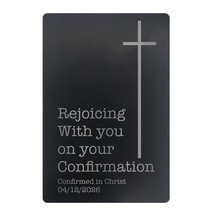 Rejoice Confirmation Metal Pocket Prayer Card – Christian Gift, Black Engraved Message Card - Shepherds Shelf
