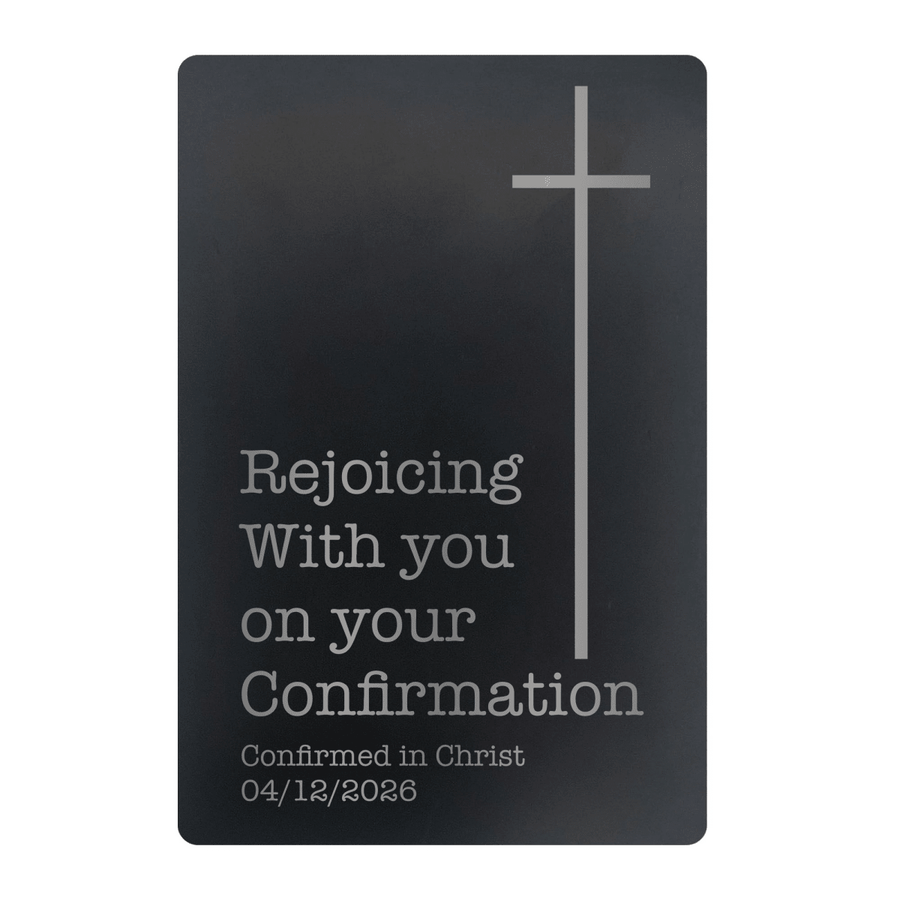 Rejoice Confirmation Metal Pocket Prayer Card – Christian Gift, Black Engraved Message Card - Shepherds Shelf