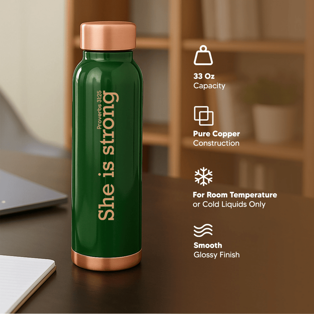 She Is Strong Custom Personalized Copper Water Bottle Proverbs 31:25 and Name | Pure Copper | 33 Oz - Shepherds Shelf