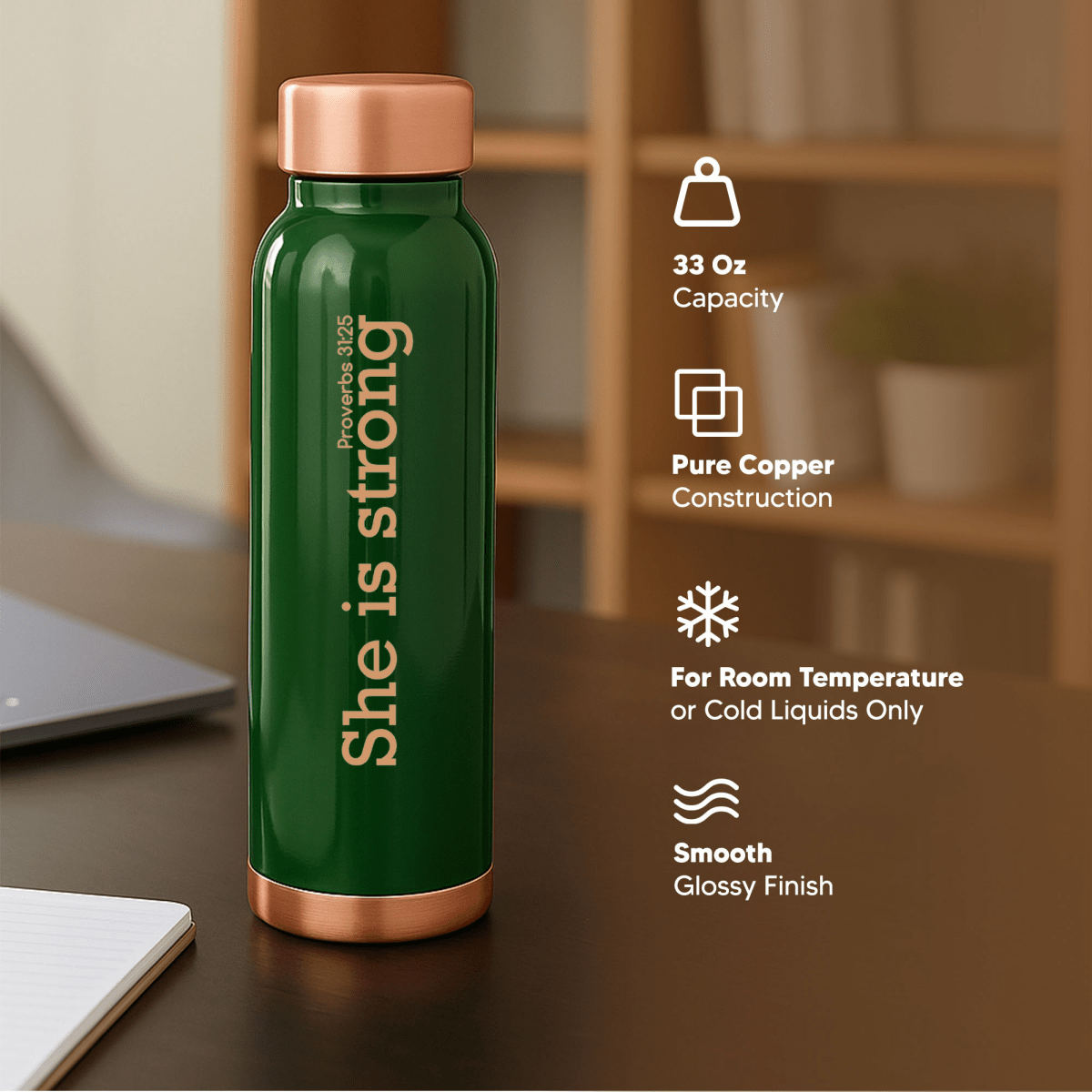 She Is Strong Custom Personalized Copper Water Bottle Proverbs 31:25 and Name | Pure Copper | 33 Oz - Shepherds Shelf