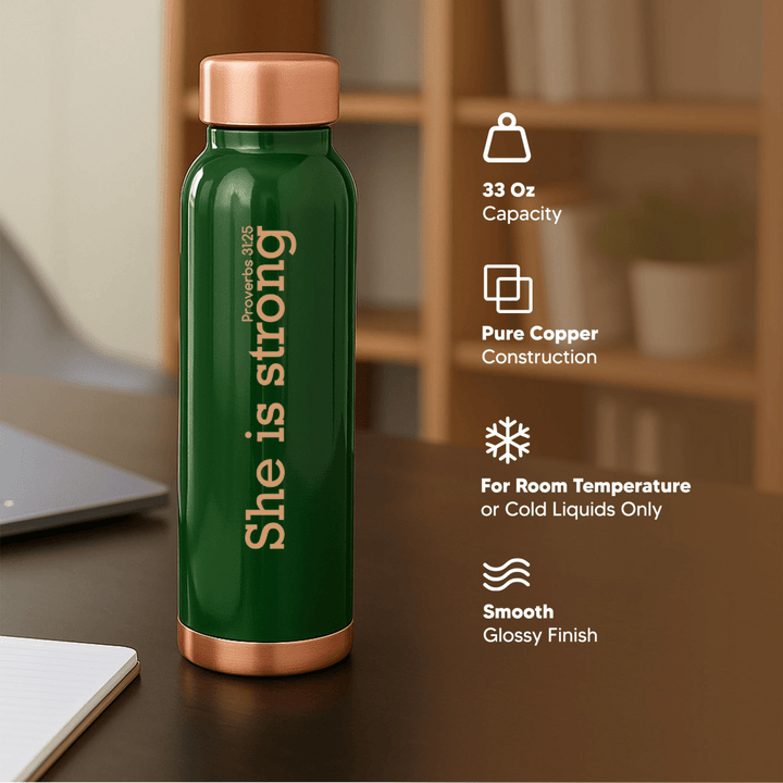 She Is Strong Custom Personalized Copper Water Bottle Proverbs 31:25 and Name | Pure Copper | 33 Oz - Shepherds Shelf