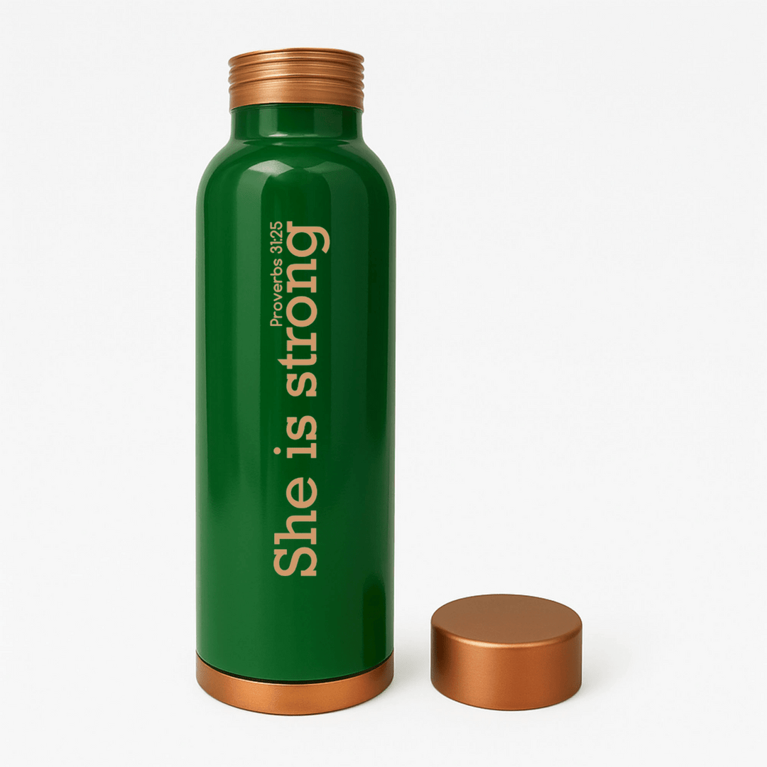 She Is Strong Custom Personalized Copper Water Bottle Proverbs 31:25 and Name | Pure Copper | 33 Oz - Shepherds Shelf