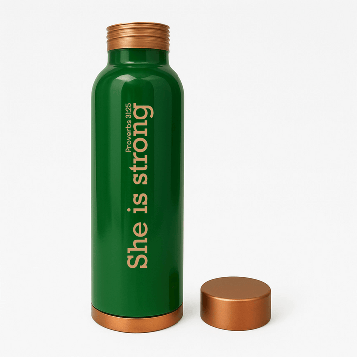 She Is Strong Custom Personalized Copper Water Bottle Proverbs 31:25 and Name | Pure Copper | 33 Oz - Shepherds Shelf